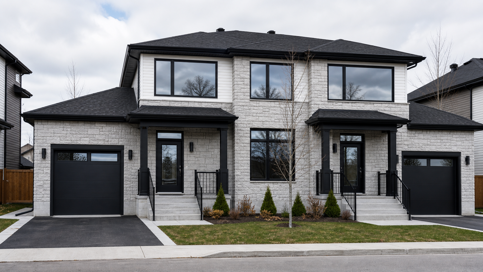 Maison canadienne moderne avec grandes fenêtres foncées