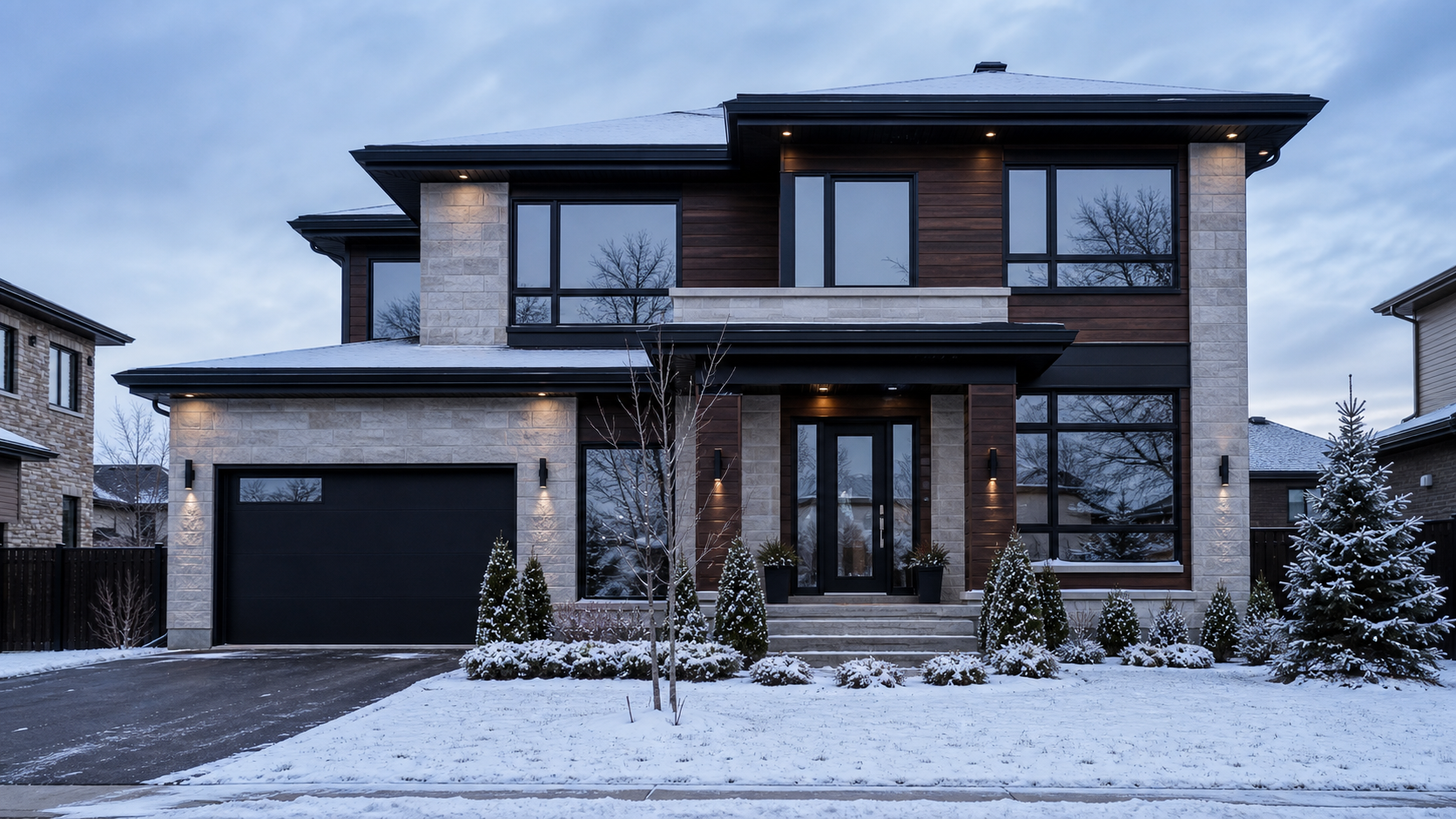 Maison canadienne en hiver avec fenêtres miroir